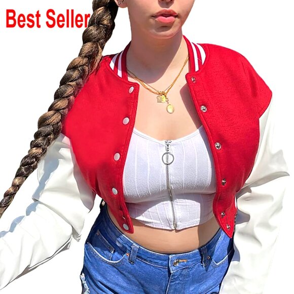 Jackets & Blazers - Faux Leather Baseball Bomber Jacket Crop Button Closure Casual Streetwear